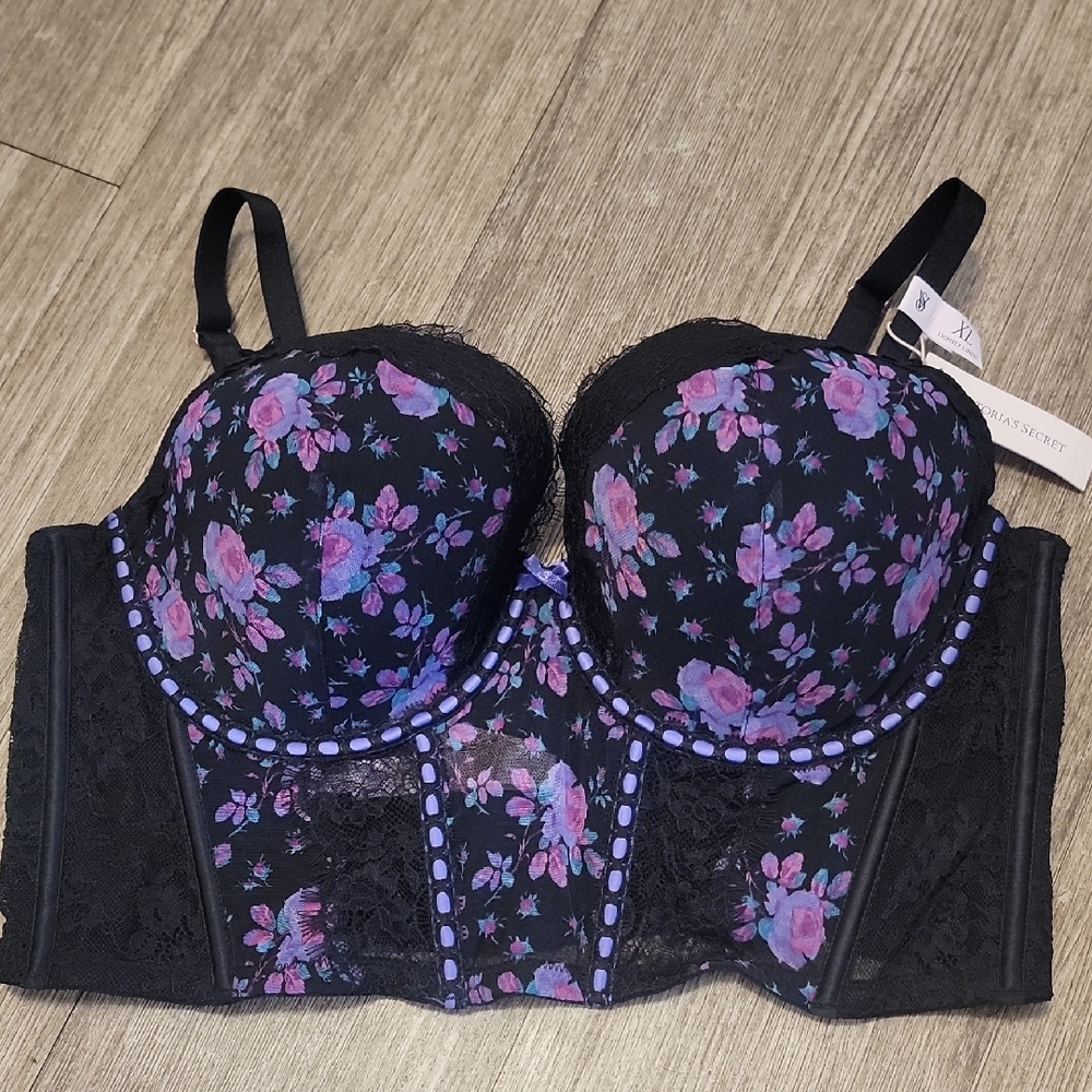 Victoria's Secret Black and Purple Floral Longline Bra